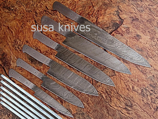 CUSTOM HAND MADE DAMASCUS BLANK BLADE 6 PCS KITCHEN/CHEF KNIFE SET - SUSA KNIVES