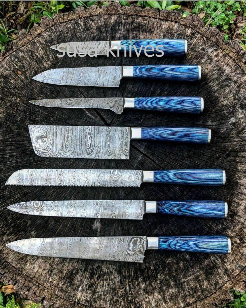 Handmade Custom Damascus Steel 7 Piece Kitchen Knife Set- Chef's Knife Set - SUSA KNIVES