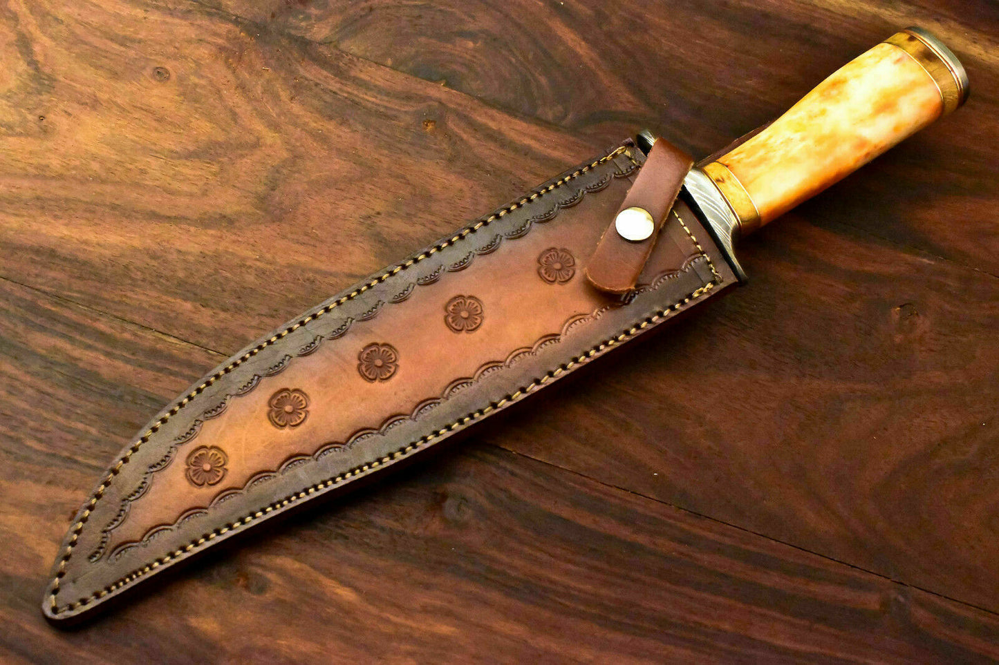 Custom Handmade Damascus Steel Hunting Knife | Sheath |Stained Camel Bone Handle - SUSA KNIVES