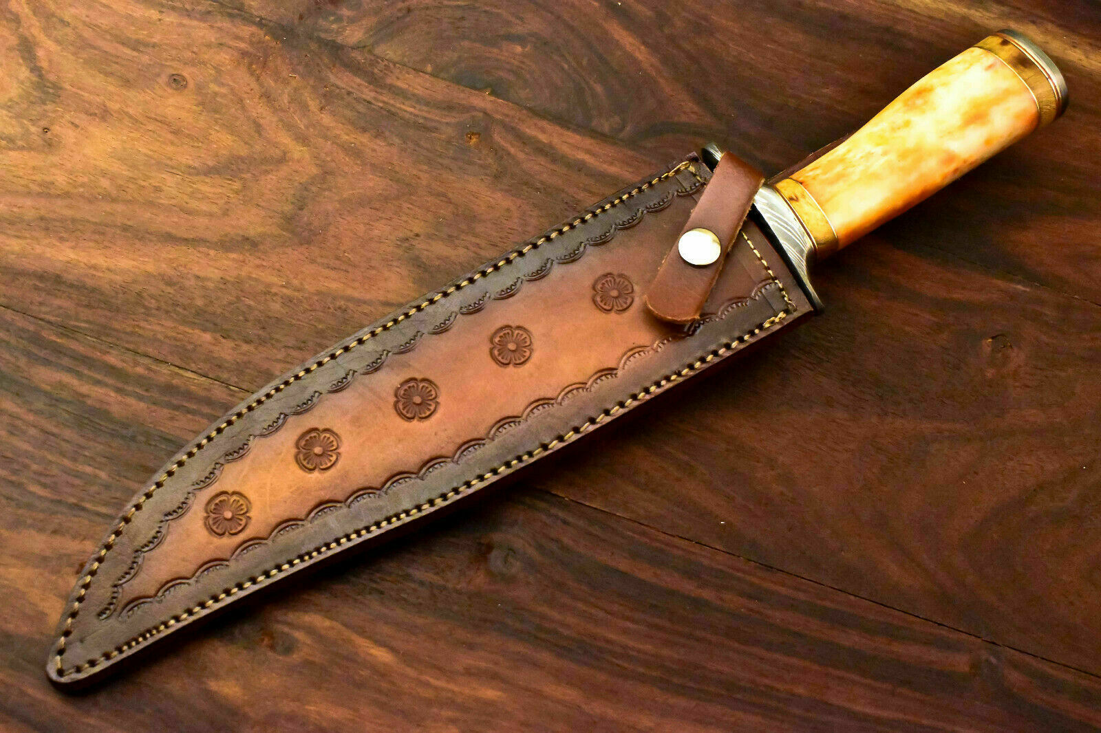 Custom Handmade Damascus Steel Hunting Knife | Sheath |Stained Camel Bone Handle - SUSA KNIVES