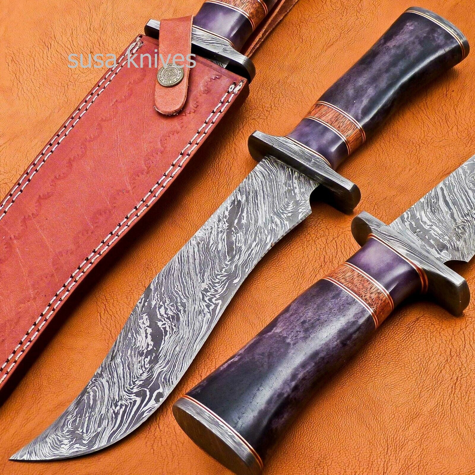 Handmade Damascus Steel Bowie Knive - Cammel Bone & Rose Wood Handle - SUSA KNIVES