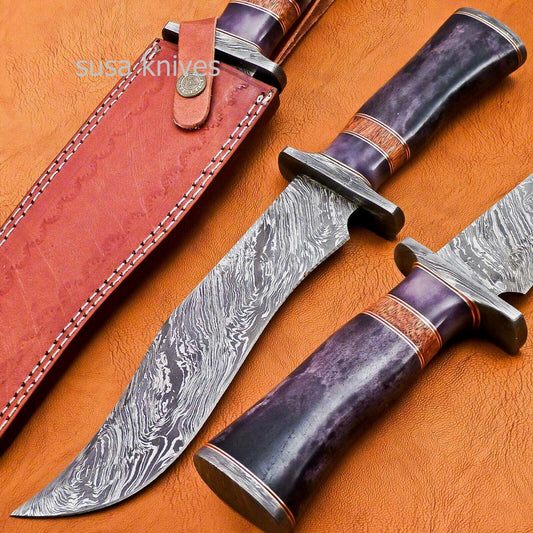 Handmade Damascus Steel Bowie Knive - Cammel Bone & Rose Wood Handle - SUSA KNIVES