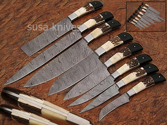 CUSTOM MADE DAMASCUS BLADE KITCHEN KNIFE 8Pc's SET - SUSA KNIVES
