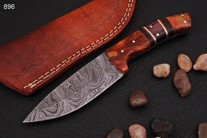 CUSTOM HAND FORGED DAMASCUS STEEL Skinning/Hunting KNIFE W/ RISEN HANDLE - SUSA KNIVES