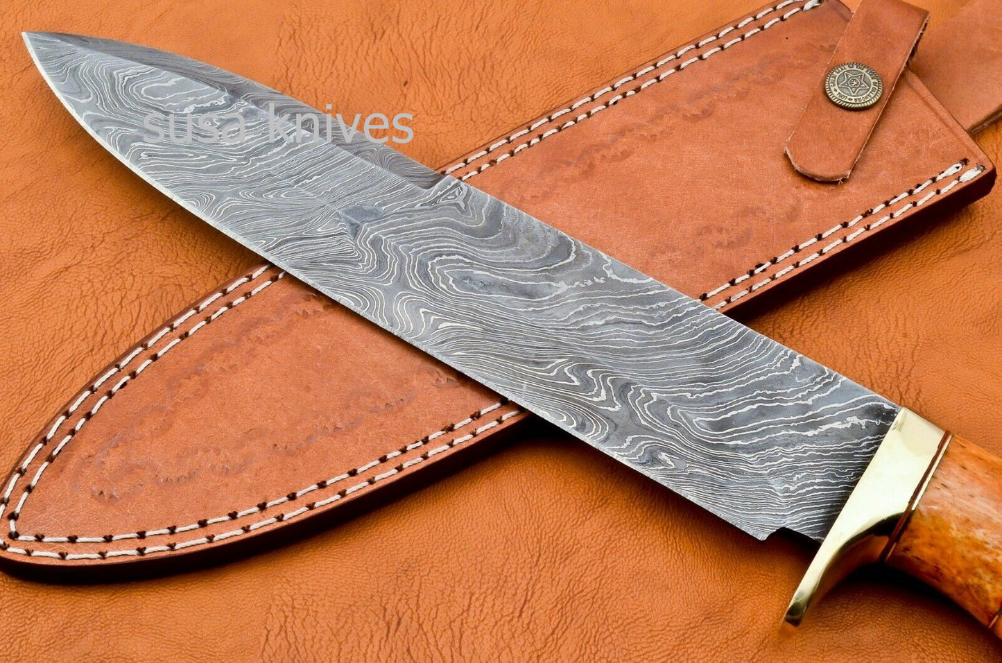 Handmade Damascus Steel Bowie Knive - Coloured Cammel Bone Handle - SUSA KNIVES