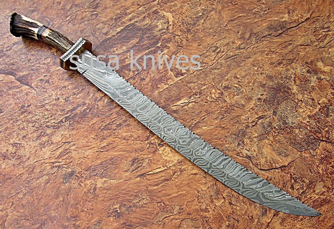 CUSTOM HAND MADE DAMASCUS STEEL HUNTING SWORD KNIFE - SUSA KNIVES