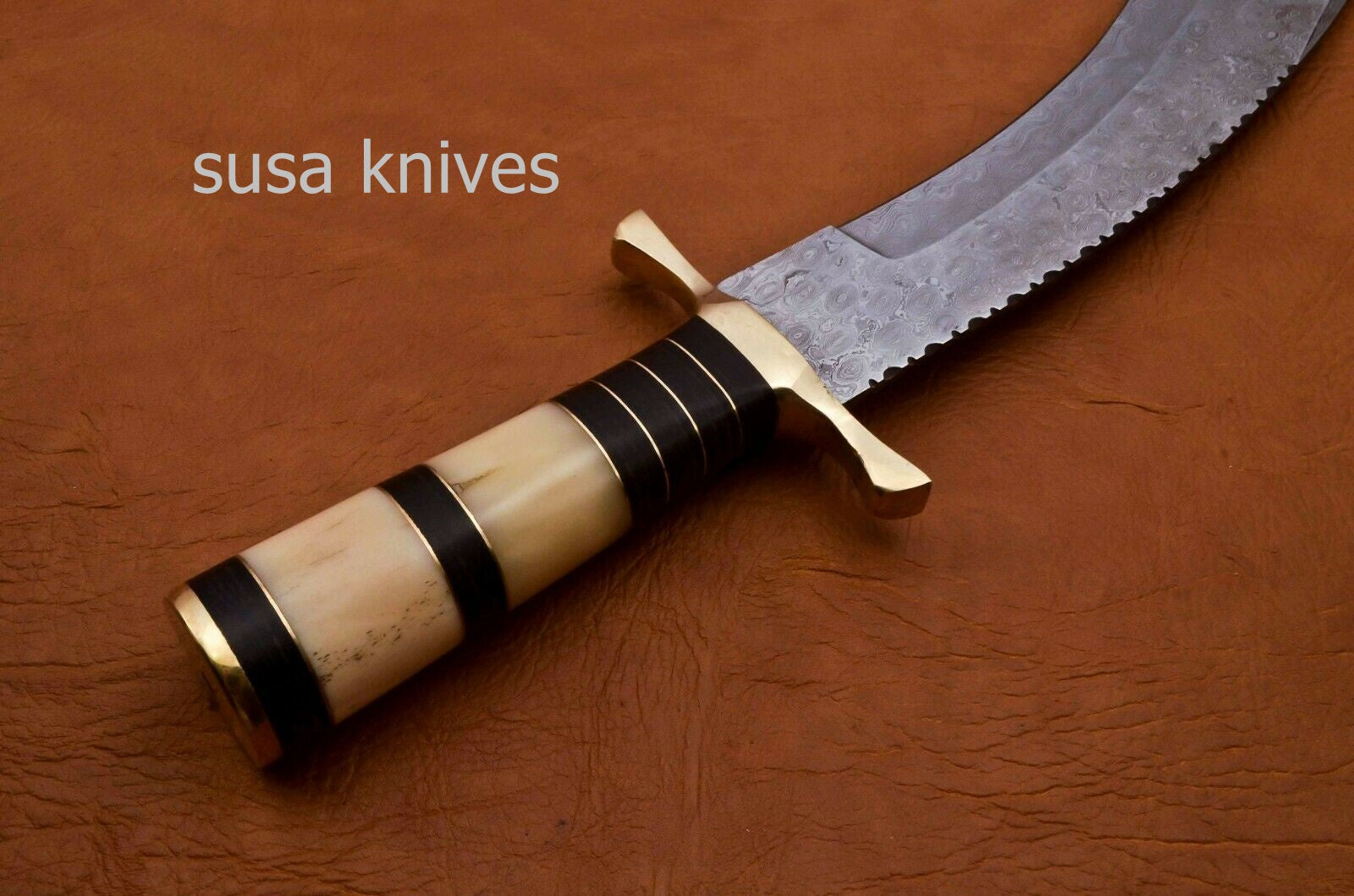 Handmade Damascus Steel Bowie Knive - Camel Bone & Micarta Handle - SUSA KNIVES