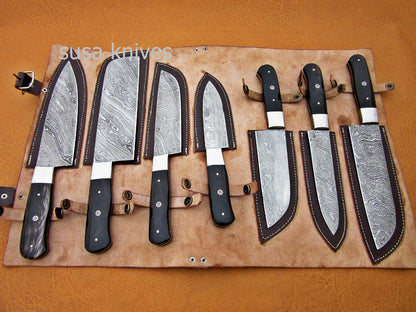 CUSTOM HANDMADE DAMASCUS STEEL CHEF SET/KITCHEN KNIVES 7 PCS ,BUFFALO HORN - SUSA KNIVES