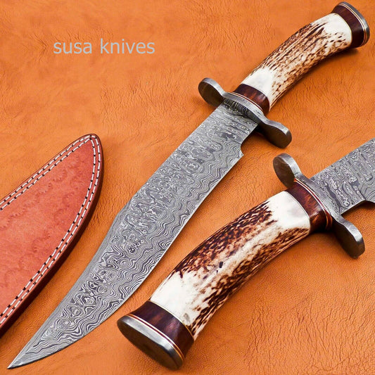 Handmade Damascus Steel Bowie Knive - Stag & Rose Wood Handle - SUSA KNIVES