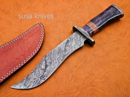 Handmade Damascus Steel Bowie Knive - Cammel Bone & Rose Wood Handle - SUSA KNIVES