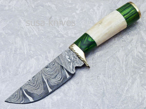 HANDMADE DAMASCUS 8.0" HUNTING KNIFE WITH CAMEL BONE HANDLE - SUSA KNIVES