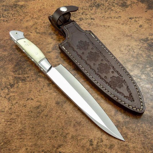 CUSTOM HANDMADE CHEF KITCHEN KNIFE D2 STEEL BEAUTIFUL CAMEL BONE -LEATHER SHEATH - SUSA KNIVES