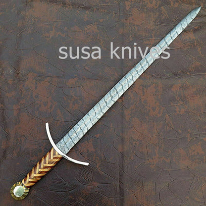 Custom Handmade Damascus Sword with leather sheath - SUSA KNIVES