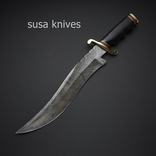 HANDMADE DAMASCUS STEEL BLACK MICARTA WITH LEATHER SHEATH - SUSA KNIVES