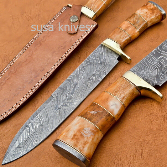 Handmade Damascus Steel Bowie Knive - Coloured Cammel Bone Handle - SUSA KNIVES