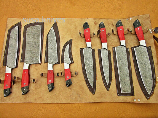 CUSTOM HANDMADE DAMASCUS STEEL CHEF SET/KITCHEN 8 PCS ROSEWOOD ,BUFFALO HORN - SUSA KNIVES