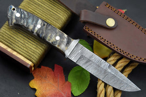 CUSTOM HANDMADE DAMASCUS STEEL RAM HORN LOVELESS STYLE CHUTE KNIFE WITH SHEATH - SUSA KNIVES