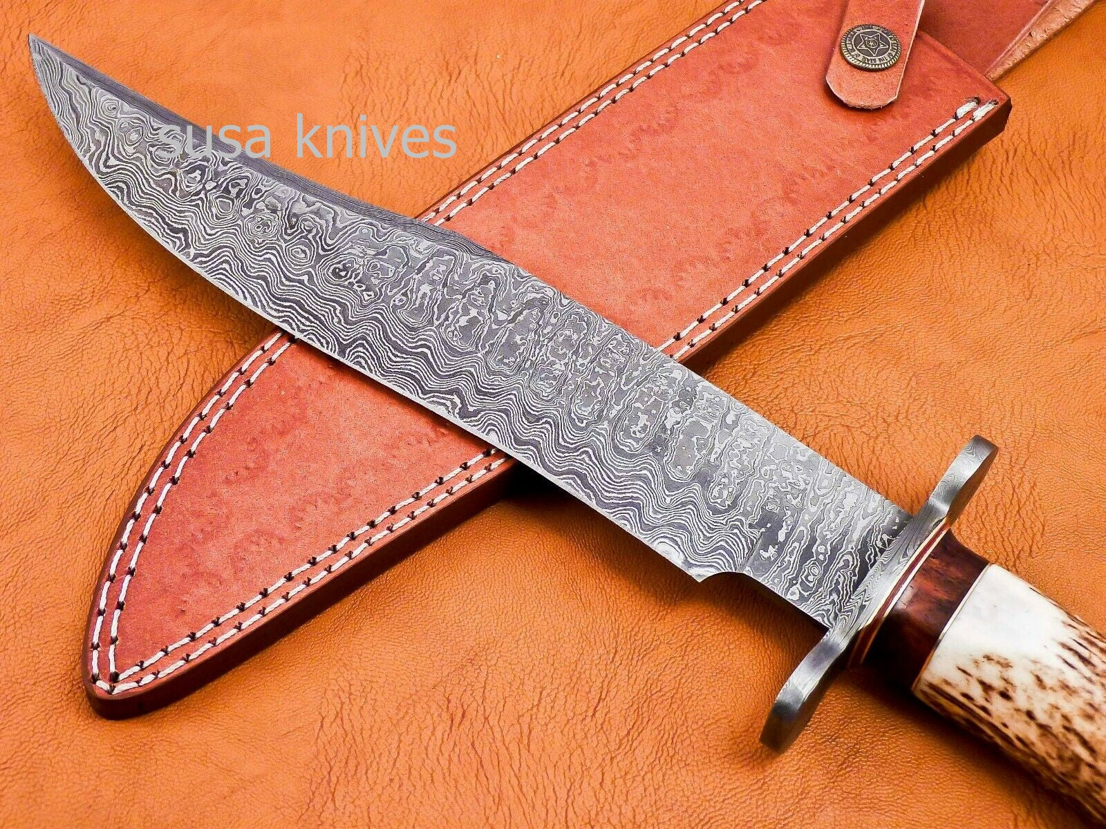 Handmade Damascus Steel Bowie Knive - Stag & Rose Wood Handle - SUSA KNIVES
