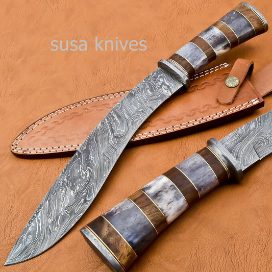Handmade Damascus Steel Bowie Knive - Cammel Bone & Rose Wood Handle - SUSA KNIVES
