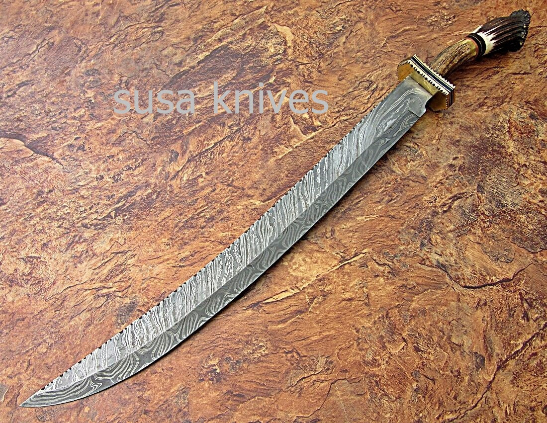 CUSTOM HAND MADE DAMASCUS STEEL HUNTING SWORD KNIFE - SUSA KNIVES