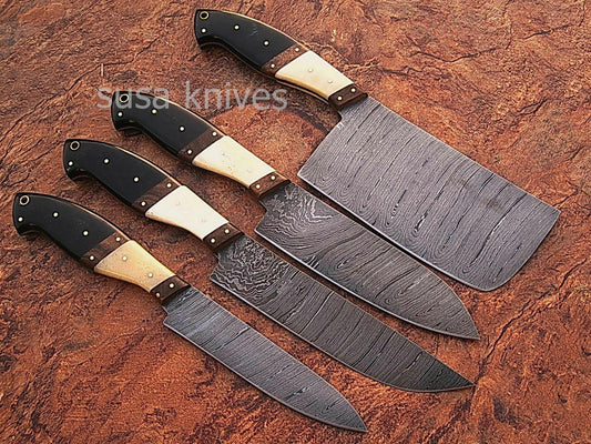 CUSTOM MADE DAMASCUS BLADE 4Pcs. CHEF/KITCHEN KNIVES SET - SUSA KNIVES