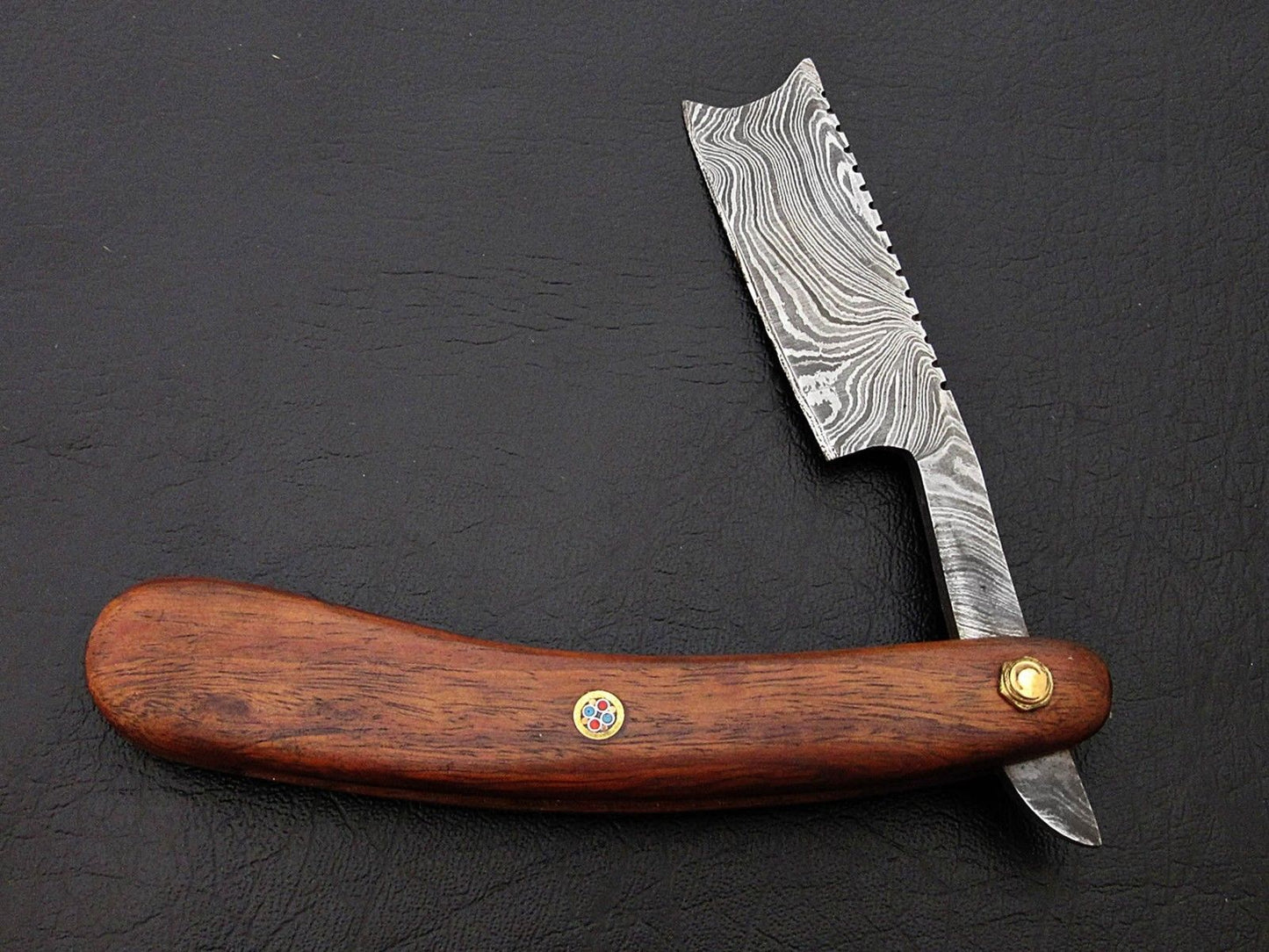 CUSTOM HANDMADE DAMASCUS STEEL BARBER FOLDING RAZOR ROSE WOOD HANDLE WITH POUCH - SUSA KNIVES