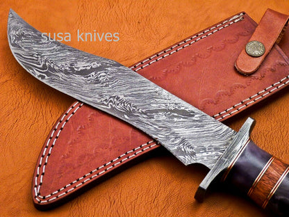 Handmade Damascus Steel Bowie Knive - Cammel Bone & Rose Wood Handle - SUSA KNIVES