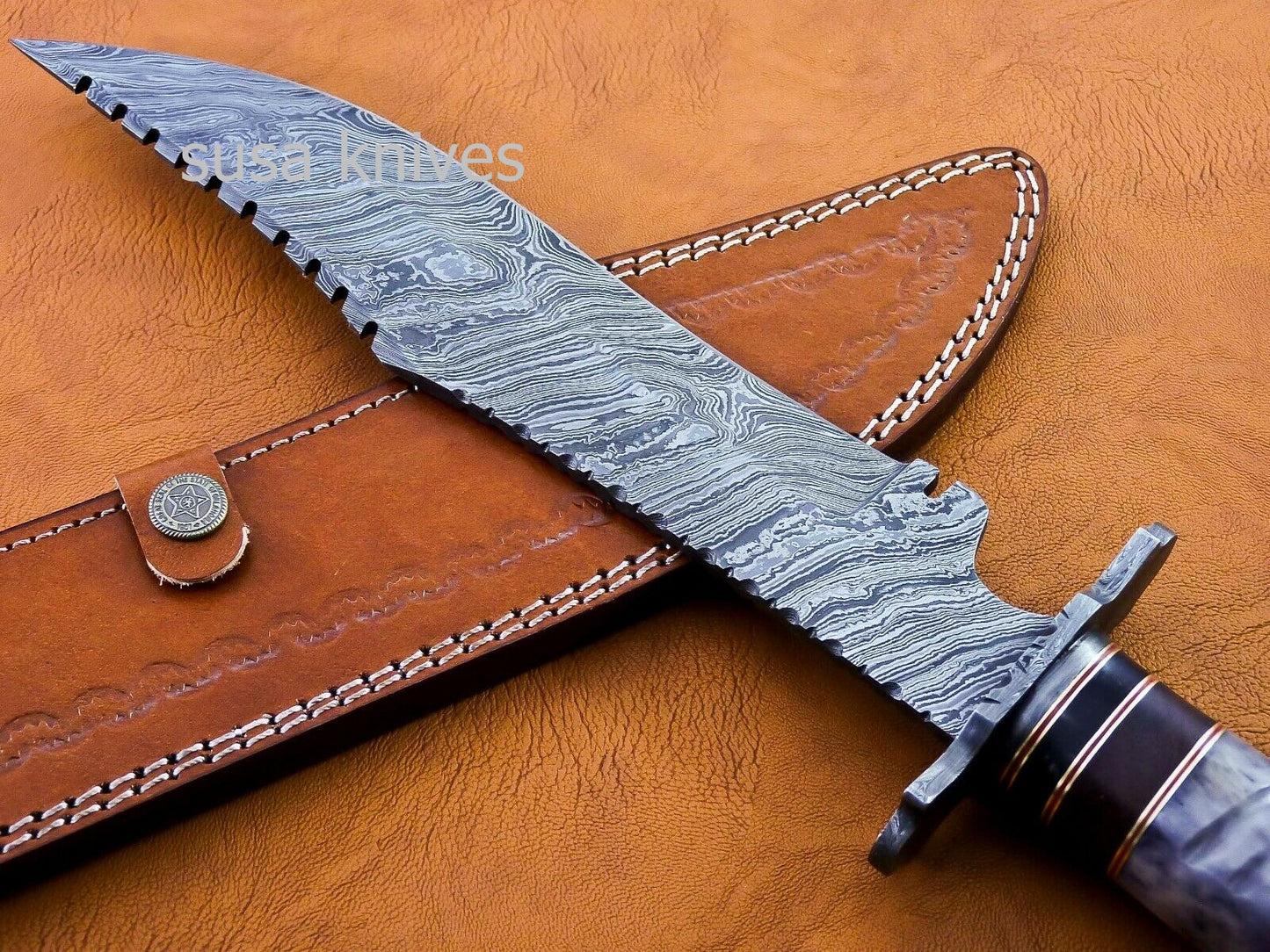 Handmade Damascus Steel Bowie Knive - Cammel Bone & Rose Wood Handle - SUSA KNIVES