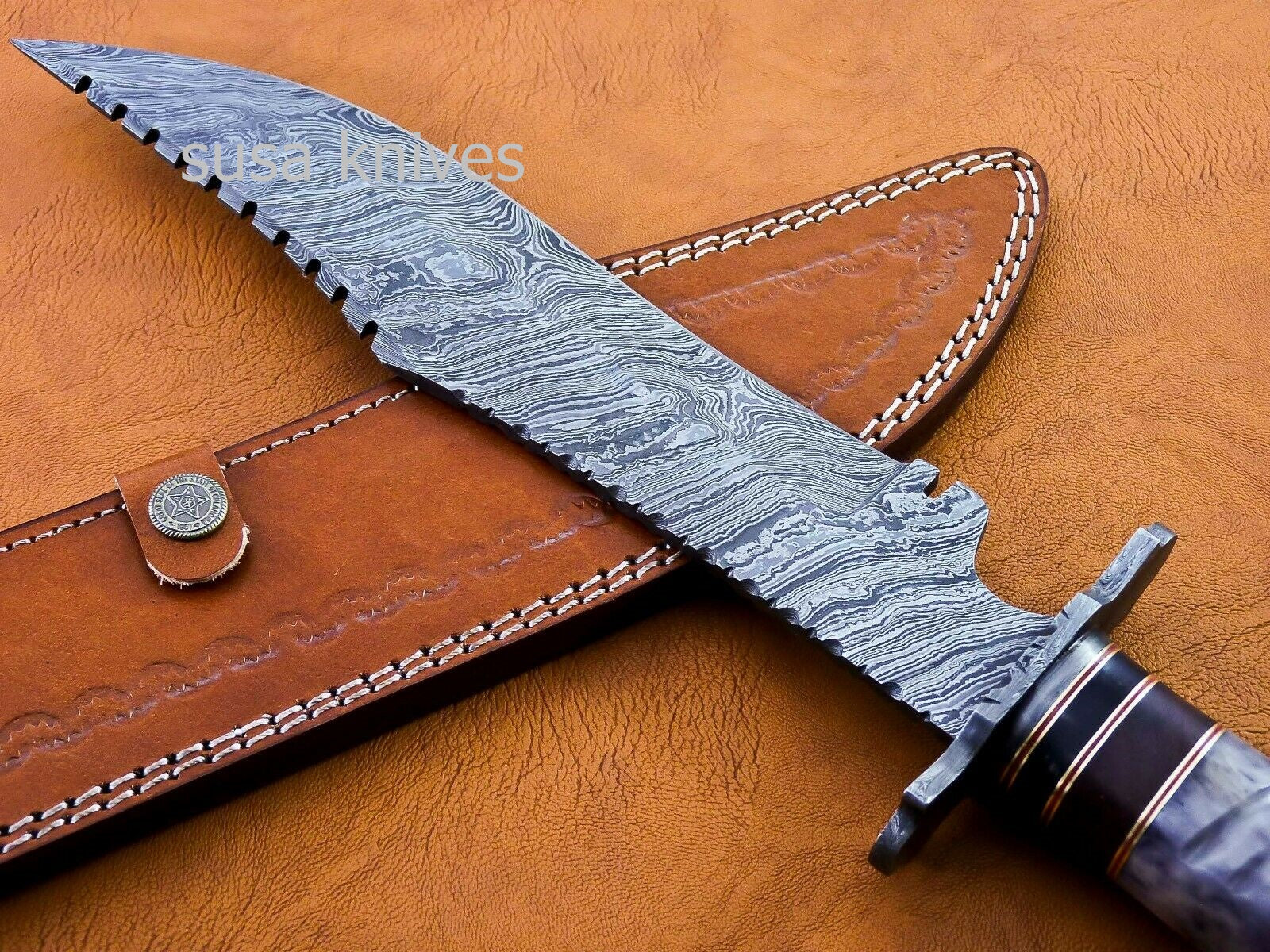 Handmade Damascus Steel Bowie Knive - Cammel Bone & Rose Wood Handle - SUSA KNIVES