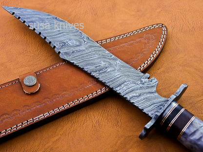 Handmade Damascus Steel Bowie Knive - Cammel Bone & Rose Wood Handle - SUSA KNIVES