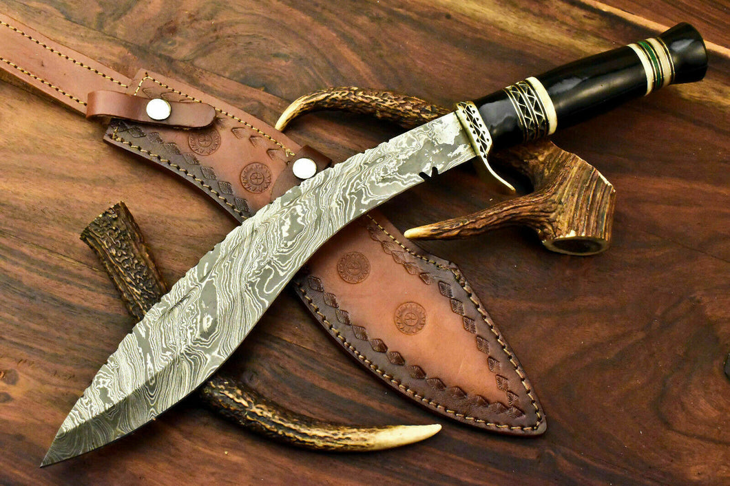 Custom Handmade Damascus Steel Kukri Knife | Sheath | Buffalo Horn Handle. - SUSA KNIVES