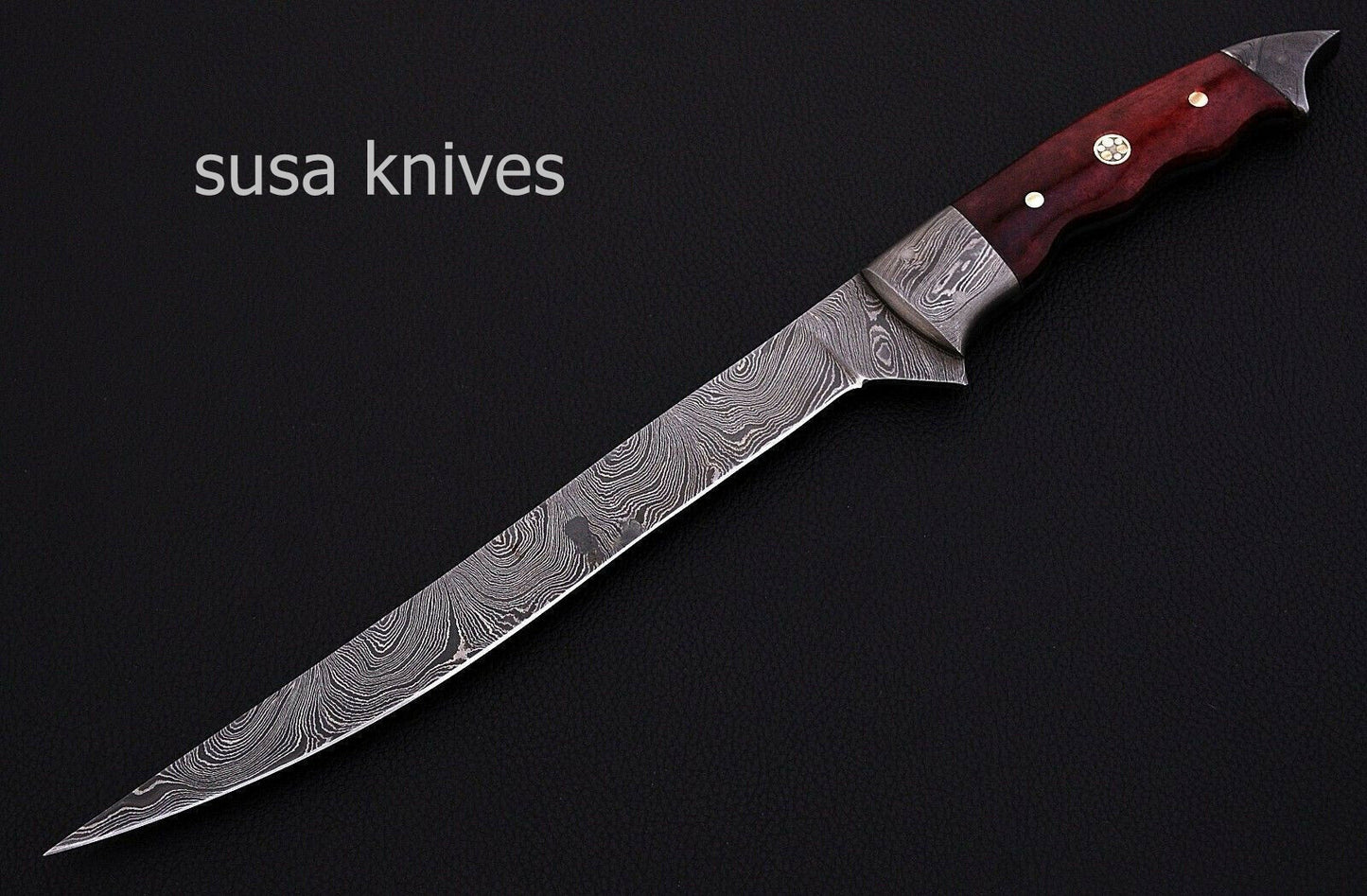 CUSTOM HANDMADE DAMASCUS STEEL KITCHEN/FILET KNIFE WITH LEATHER - SUSA KNIVES