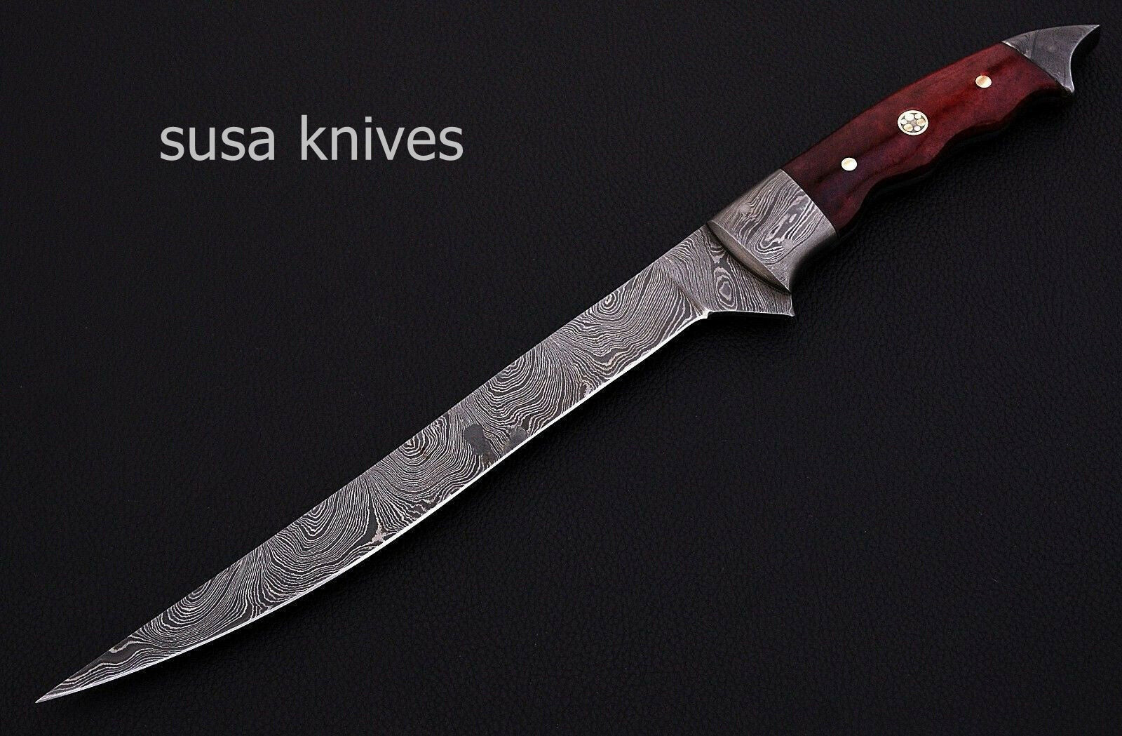 CUSTOM HANDMADE DAMASCUS STEEL KITCHEN/FILET KNIFE WITH LEATHER - SUSA KNIVES