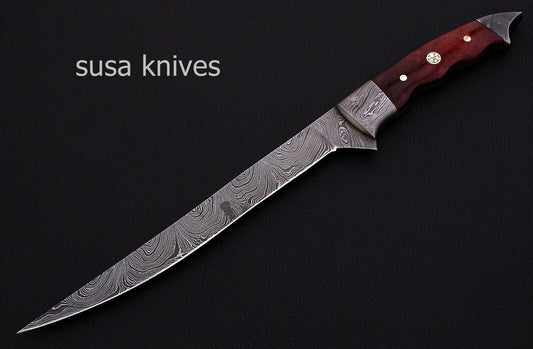 CUSTOM HANDMADE DAMASCUS STEEL KITCHEN/FILET KNIFE WITH LEATHER - SUSA KNIVES
