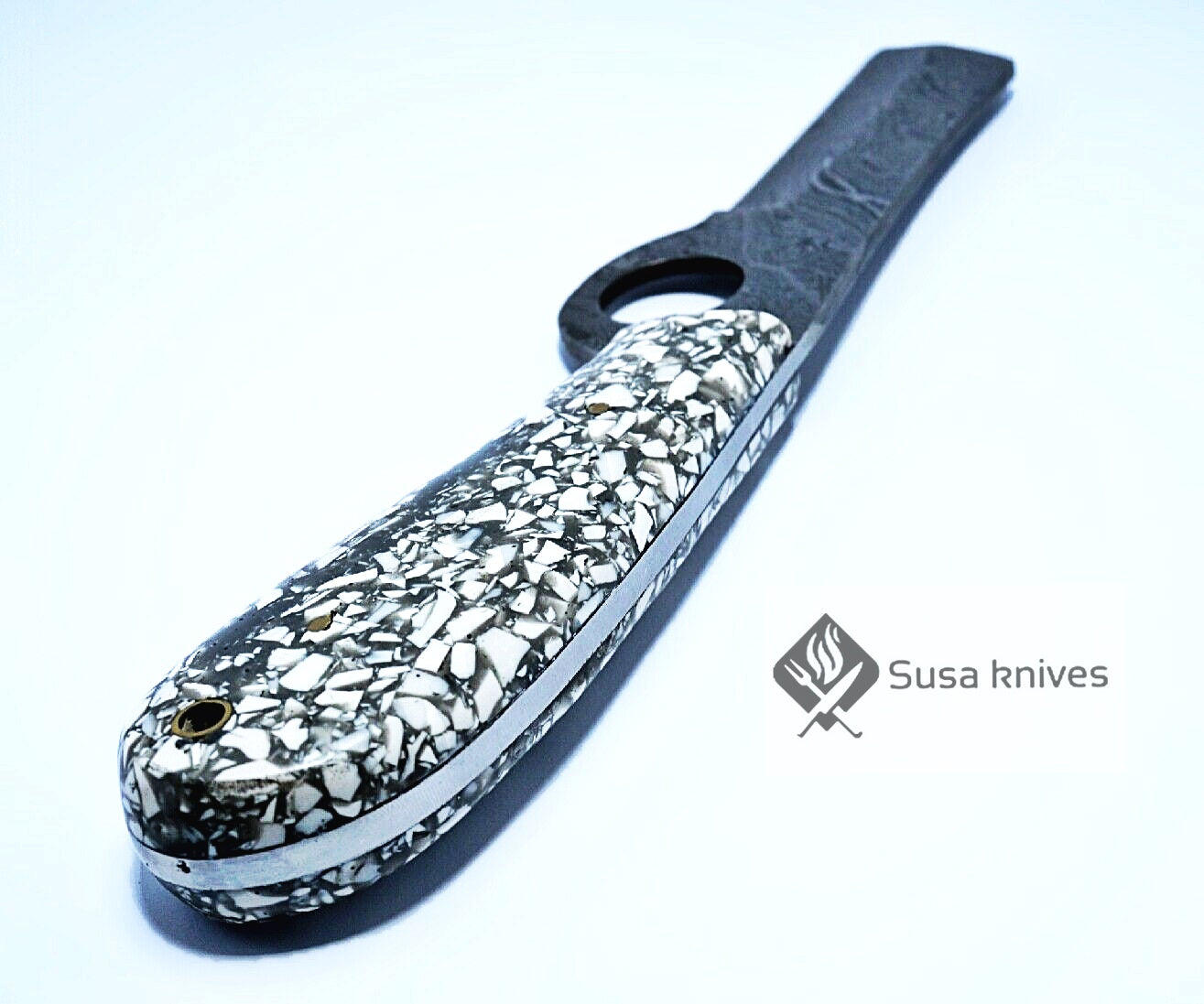 HAND FORGED DAMASCUS STEEL BULL CUTTER/COWBOY KNIFE & RISEN HANDLE - SUSA KNIVES