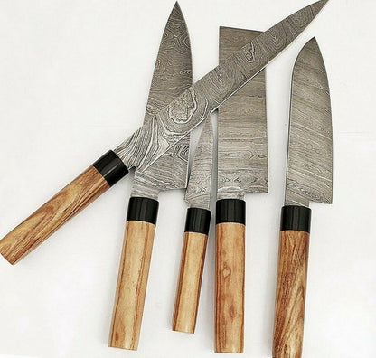 Set Of 5 Beautiful Handmade Damascus Steel Chef Knives With Leather Bag - SUSA KNIVES