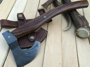 CUSTOM HAND FORGED DAMASCUS STEEL WALNUT WOOD CAMPING TOMAHAWK AXE WITH SHEATH - SUSA KNIVES