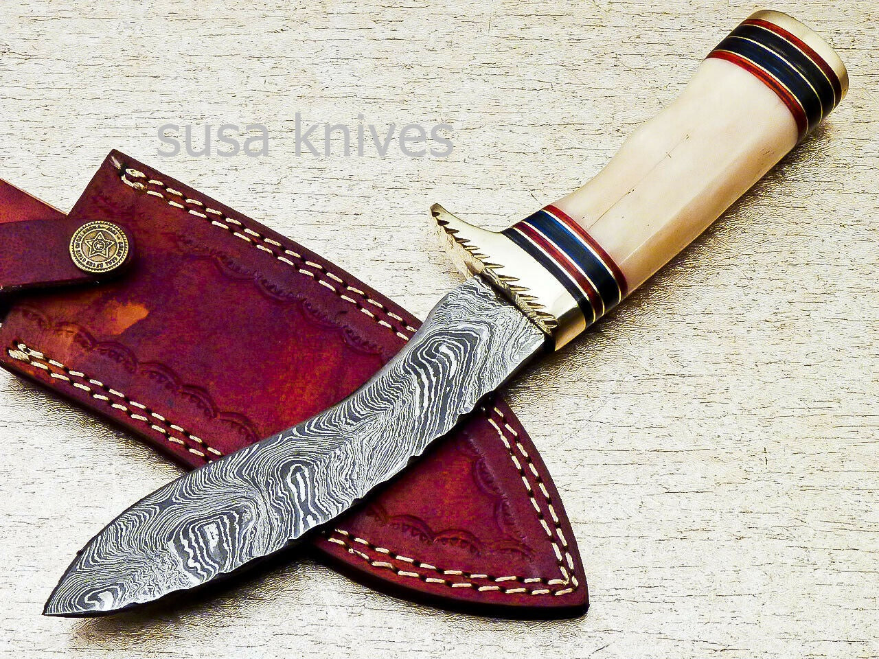 HAND FORGED DAMASCUS 9.5" KUKRI KNIFE WITH CAMEL BONE HANDLE - SUSA KNIVES