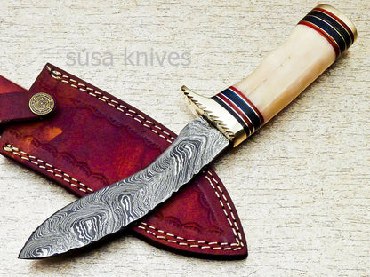 HAND FORGED DAMASCUS 9.5" KUKRI KNIFE WITH CAMEL BONE HANDLE - SUSA KNIVES