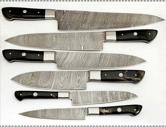 Set Of 6 Beautiful Handmade Damascus Steel Chef Knives With Leather Bag - SUSA KNIVES