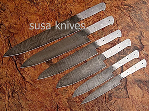 CUSTOM HAND MADE DAMASCUS BLANK BLADE 6 PCS KITCHEN/CHEF KNIFE SET - SUSA KNIVES
