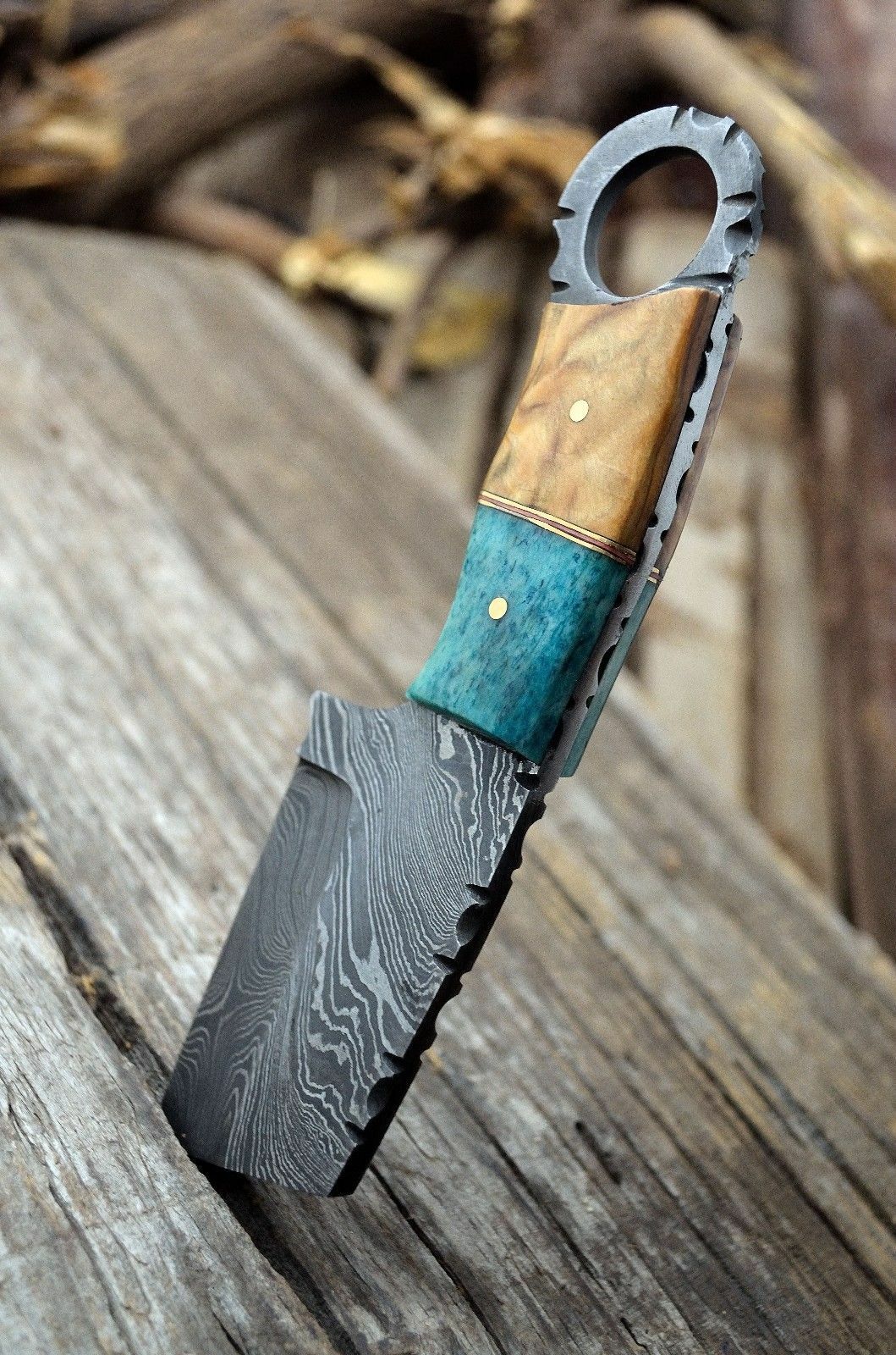 HANDMADE DAMASCUS STEEL BONE & WOOD MINI CLEAVER KNIFE - POCKET KNIFE - SUSA KNIVES