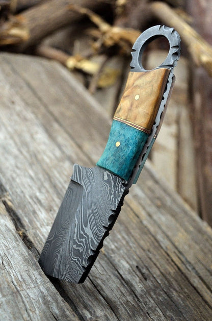 HANDMADE DAMASCUS STEEL BONE & WOOD MINI CLEAVER KNIFE - POCKET KNIFE - SUSA KNIVES