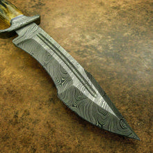 Load image into Gallery viewer, CUSTOM DAMASCUS BOWIE HUNTING KNIFE - STAG CROWN ANTLER - DAMASCUS GUARD - SUSA KNIVES

