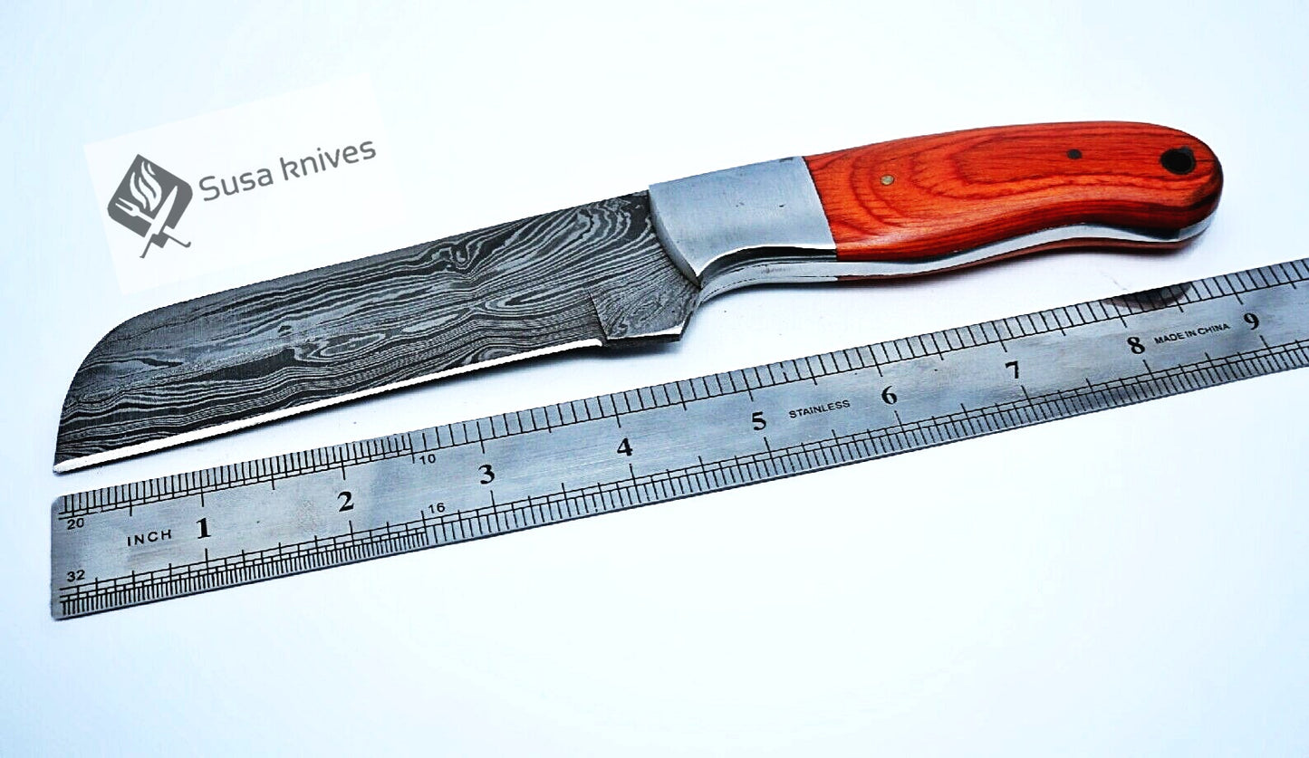 HAND FORGED DAMASCUS STEEL BULL CUTTER/COWBOY KNIFE & PUKKA WOOD HANDLE - SUSA KNIVES