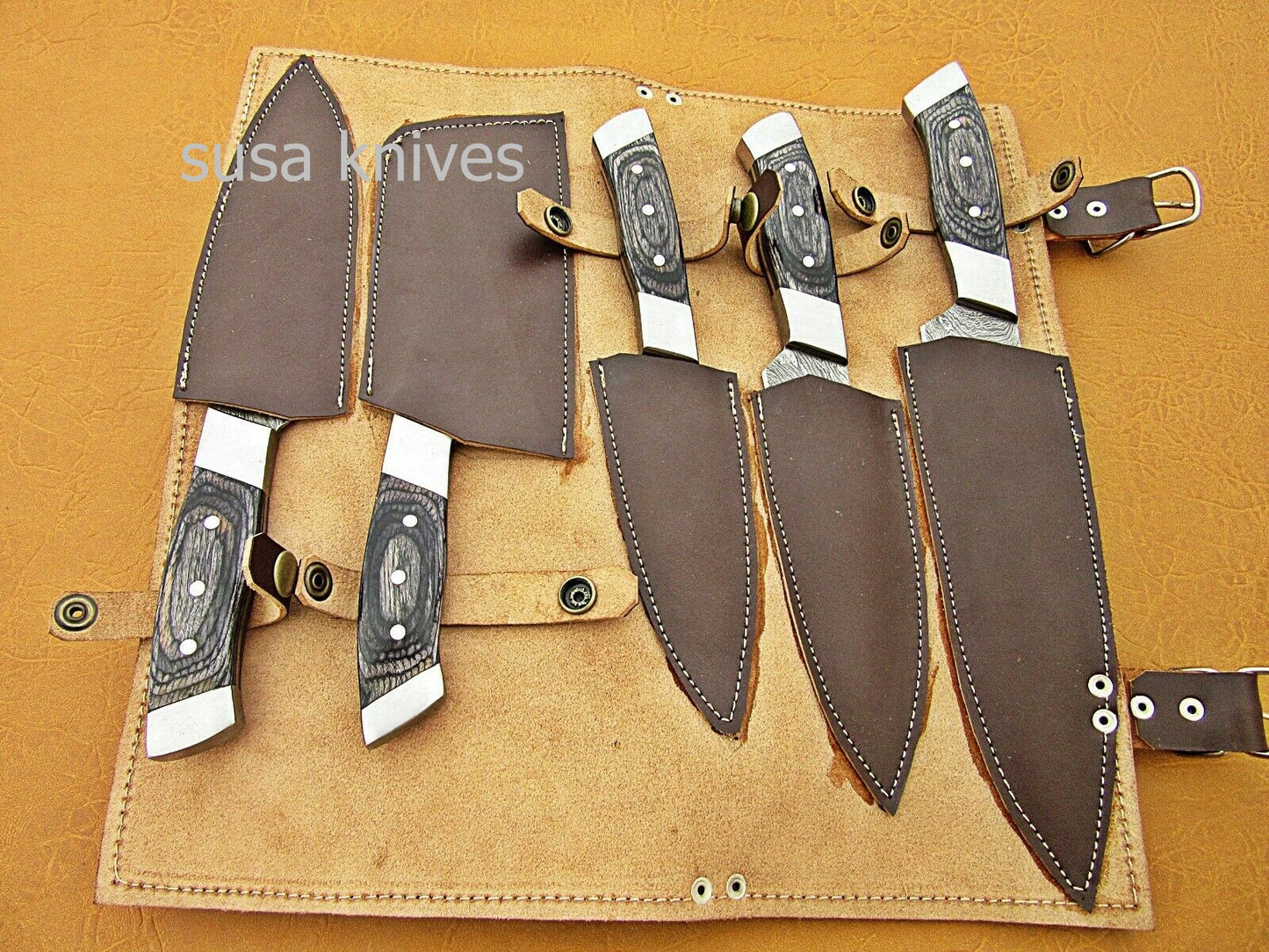 CUSTOM HANDMADE DAMASCUS STEEL CHEF SET/KITCHEN KNIVES 5 PCSC BLACK MICARTA - SUSA KNIVES