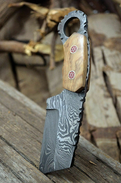 [SUSA KNIVES] CUSTOM HANDMADE DAMASCUS STEEL OLIVE WOOD MINI CLEAVER POCKET KNIFE - SUSA KNIVES