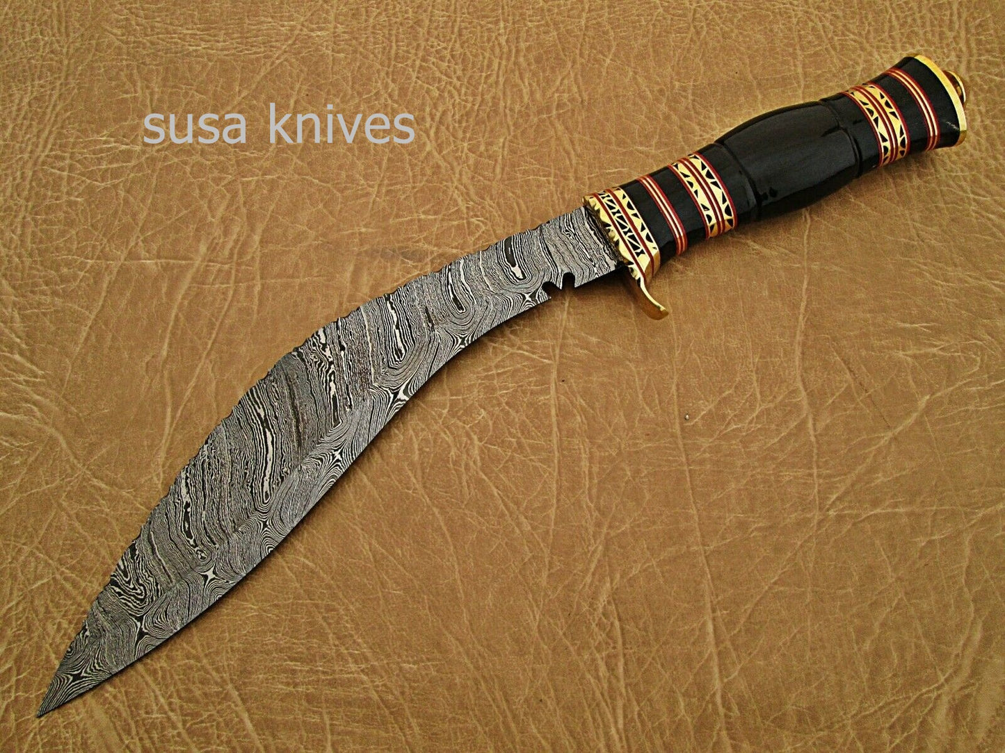 Damascus steel hunting Kukri knife BRASS GUARD Buffalo Horn. - SUSA KNIVES