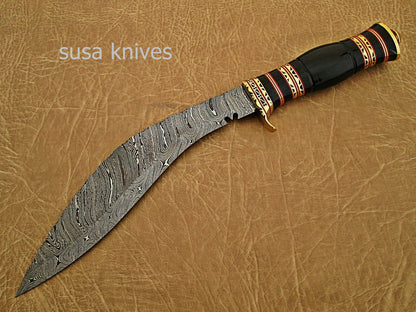 Damascus steel hunting Kukri knife BRASS GUARD Buffalo Horn. - SUSA KNIVES