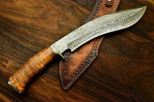Custom Handmade Damascus Steel Bowie Knife | Sheath | Leather Roll Handle - SUSA KNIVES